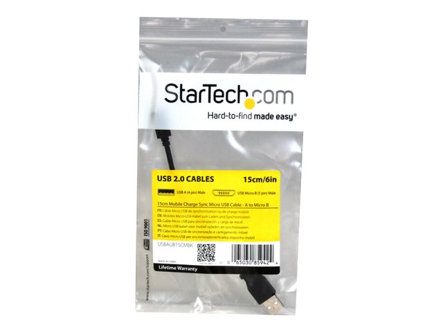 StarTech.com 15cm 6in Mobile Charge Sync USB to Slim Micro USB Cable for Phones & Tablets A to Micro B - M/M - Thin Micro USB Charge Cable (USBAUB15CMBK) - USB cable - Micro-USB Type B (M) to USB (M) - USB 2.0 - 15 cm - black - for P/N: CMDPHD2HD, DPMDPHD2HD, ST4CU424, ST4CU424EU, ST4CU424UK, ST8CU824, USBAUBSCHM