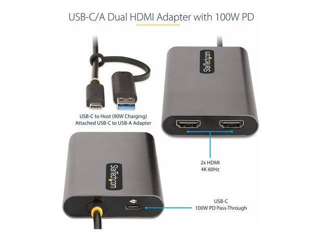 StarTech.com USB-C to Dual-HDMI Adapter, USB-C or A to 2x HDMI, 4K 60Hz, 100W PD Pass-Through, 1ft (30cm) Built-in Cable, External Video Graphics Adapter - USB to HDMI Multi-Monitor Converter for Laptop (109B-USBC-HDMI) - Adapter - TAA Compliant - US