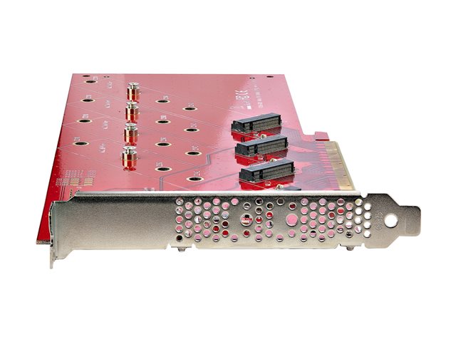 StarTech.com Quad M.2 PCIe Adapter Card, x16 Quad NVMe or AHCI M.2 SSD to PCI Express 4.0, Up to 7.8GBps/Drive, For 2242/2260/2280/22110mm PCIe M-Key M2 SSDs, Bifurcation Required - PC/Linux Compatible (QUAD-M2-PCIE-CARD-B) - Interface adapter - M.2 - Expansion Slot to 4 x M.2 - M.2 Card - low profile - RAID RAID 0, 1, JBOD - PCIe 4.0 x16/x8 - red