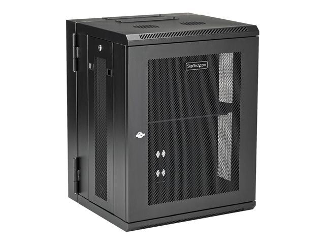 StarTech.com 15U 19\" Wall Mount Network Cabinet, 16\" Deep Hinged Locking IT Network Switch Depth Enclosure, Assembled Vented Computer Equipment Data Rack with Shelf & Flexible Side Panels - 15U Vented Cabinet - Rack cabinet - 4-post - wall mountable - black - 15U - 16\"