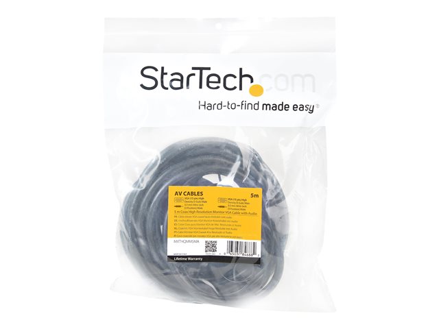 StarTech.com 5m Coax High Resolution Monitor VGA Video Cable with Audio - VGA cable - HD-15 (VGA), mini-phone stereo 3.5 mm (M) to HD-15 (VGA), mini-phone stereo 3.5 mm (M) - 5 m - molded, thumbscrews - black
