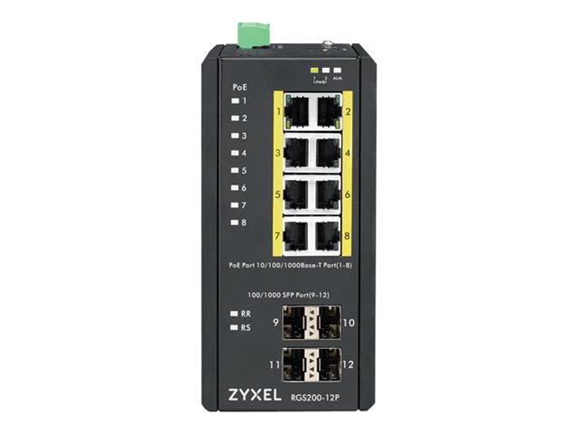 Zyxel RGS200-12P - Switch - Managed - 8 x 10/100/1000 (PoE+) + 4 x SFP - DIN rail mountable, rack-mountable - PoE+ (240 W) - DC power