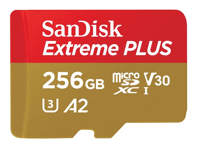 SanDisk Extreme PLUS - Flash memory card (microSDXC to SD adapter included) - 256 GB - A2 / Video Class V30 / UHS-I U3 / Class10 - microSDXC UHS-I