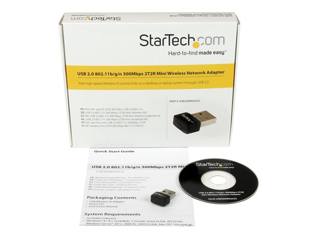 StarTech.com USB 2.0 300 Mbps Mini Wireless-N Network Adapter - 802.11n 2T2R WiFi Adapter - USB Wireless Adapter - N300 Wireless NIC (USB300WN2X2C) - Network adapter - USB 2.0 - 802.11b/g/n - black
