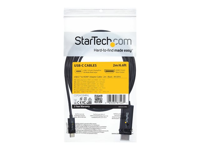 StarTech.com 6ft (2m) USB C to HDMI Cable, 4K 60Hz USB Type C to HDMI 2.0 Video Adapter Cable, Thunderbolt 3 Compatible, Laptop to HDMI Monitor/Display, DP 1.2 Alt Mode HBR2 Cable, Black - 4K USB-C Video Cable (CDP2HD2MBNL) - Adapter cable - 24 pin USB-C male to HDMI male - 2 m - black - 4K60Hz (3840 x 2160) support - for P/N: TB4CDOCK