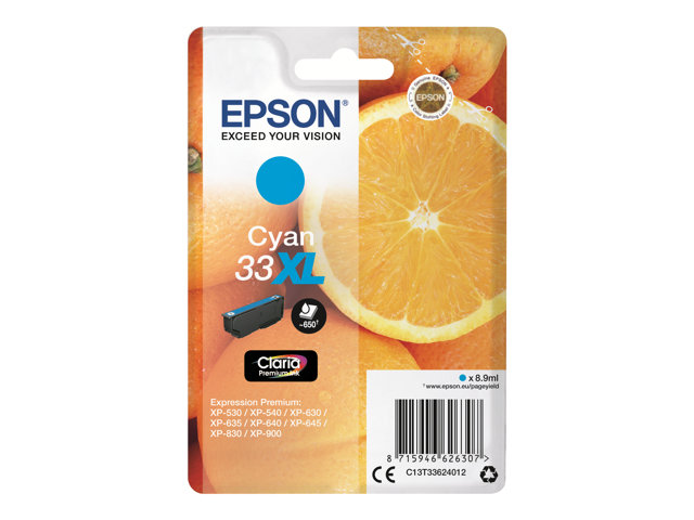 Epson 33XL - 8.9 ml - XL - cyan - original - blister - ink cartridge - for Expression Home XP-635, 830, Expression Premium XP-530, 540, 630, 635, 640, 645, 830, 900
