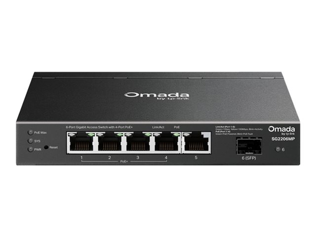 SG2206MPOmada Access 6-Port Gigabit Switch with 4-Port PoE+5× Gigabit RJ45 ports (4× PoE+) and 1× Gigabit SFP slot63W total PoE budget with up to 30W for each PoE+ port*Centralized cloud management via the web or the Omada app†Standalone management v