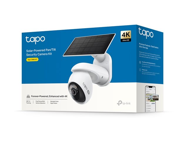 Tapo C660 KITSolar-Powered Pan/Tilt Security Camera Kit4K Ultimate Clarity: The camera features 4K 8MP resolution and 18× digital zoom for superior clarity.Free Person/Pet/Vehicle Detection: The camera identifies people, pets, and vehicles, reducing