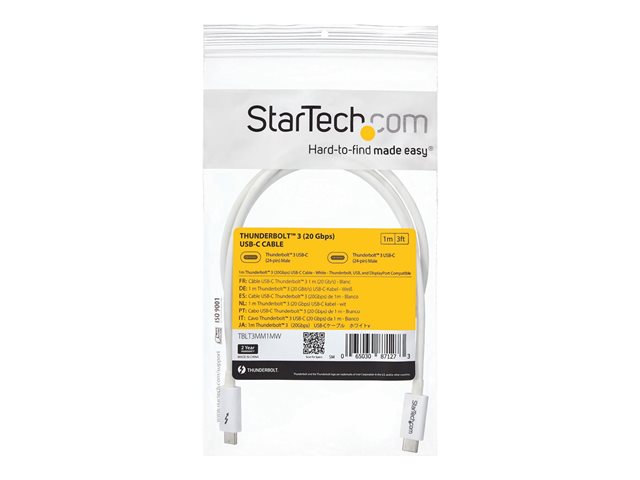 StarTech.com 3.3ft (1m) Thunderbolt 3 Cable, 20Gbps, 100W PD, 4K Video, Thunderbolt-Certified, Compatible w/ TB4/USB 3.2/DisplayPort - Thunderbolt cable - 24 pin USB-C (M) to 24 pin USB-C (M) - USB 3.1 Gen 2 / Thunderbolt 3 / DisplayPort 1.2 - 1 m - 4K support - white - for P/N: CDP2HDUACP, CDP2HDUACPW