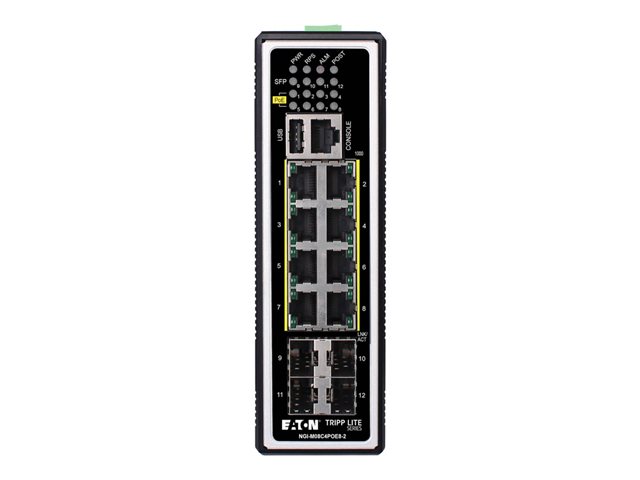 Eaton Tripp Lite series 8-Port Managed Industrial Gigabit Ethernet Switch - Layer 2, 1 Gbps, PoE+ 30W, 4 GbE SFP Ports, -40° to 75°C, DIN Mount - Switch - Managed - 8 x 10/100/1000 (PoE+) + 1 x USB 2.0 + 4 x 1000Base-X SFP (uplink) - DIN rail mountable - PoE+ (240 W) - DC power - TAA Compliant
