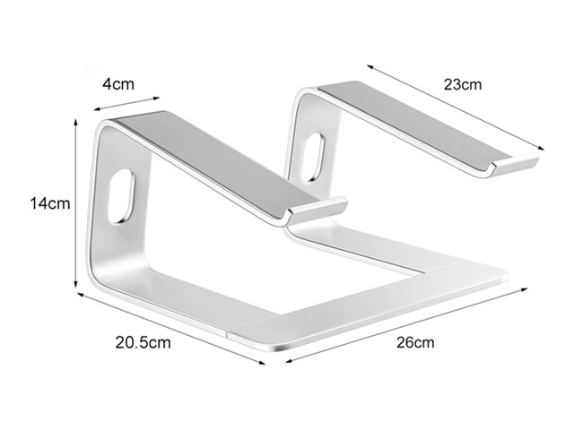 Laptop fixed desk stand - supports laptop 110 mm above desk - suits full size 12\" laptops or larger - laptop angle 10 degrees - anodized cnc aluminium alloy construction - silicon anti skid pads protect laptop and table - silver