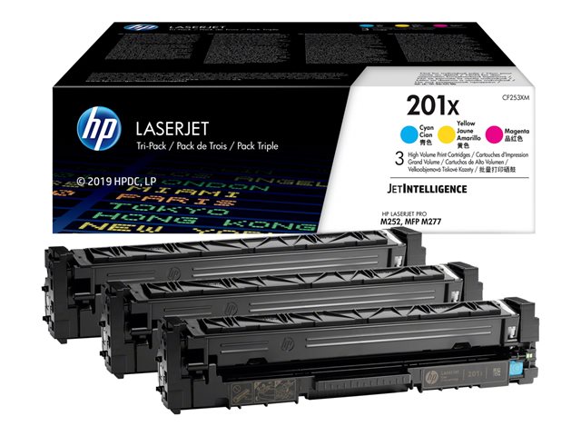 HP 201X - 3-pack - High Yield - yellow, cyan, magenta - original - LaserJet - toner cartridge (CF253XM) - for Color LaserJet Pro M252dw, M252n, MFP M274n, MFP M277c6, MFP M277dw, MFP M277n