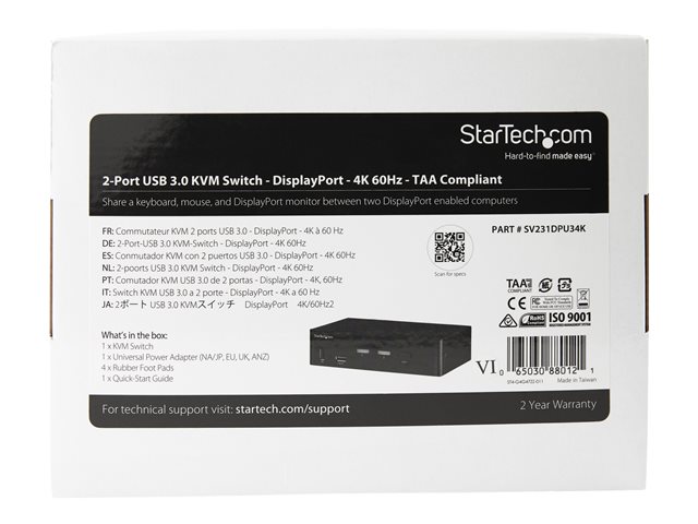 StarTech.com 2 Port DisplayPort KVM Switch, 4K 60Hz, Single Display, Dual Port UHD DP 1.2 USB KVM Switch with Integrated USB 3.0 Hub and Audio, Dell, HP, Apple, Lenovo, TAA Compliant - Keyboard/Video/Mouse Switch (SV231DPU34K) - KVM / audio / USB switch - 2 x KVM / audio / USB - desktop - TAA Compliant