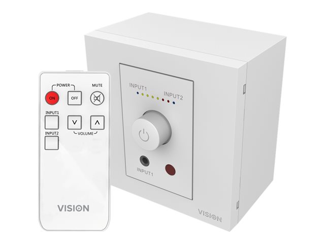 VISION Techconnect Faceplate Audio Amplifier with Speakers - LIFETIME WARRANTY - 2 x 25w (RMS @ 8 Ohms) - Two inputs (input 1 duplicated on front) - Remote control - comes on at preset level or resumes previous volume - UK surround and backbox includ