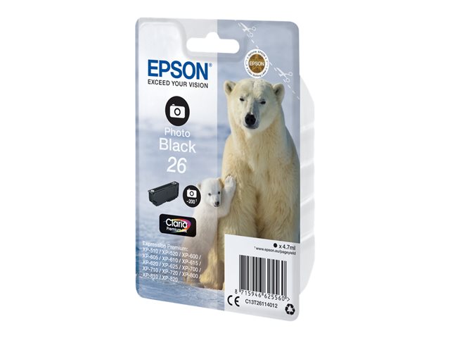 Epson 26 - 4.7 ml - photo black - original - blister - ink cartridge - for Expression Premium XP-510, 520, 600, 605, 610, 615, 620, 625, 700, 710, 720, 800, 810, 820