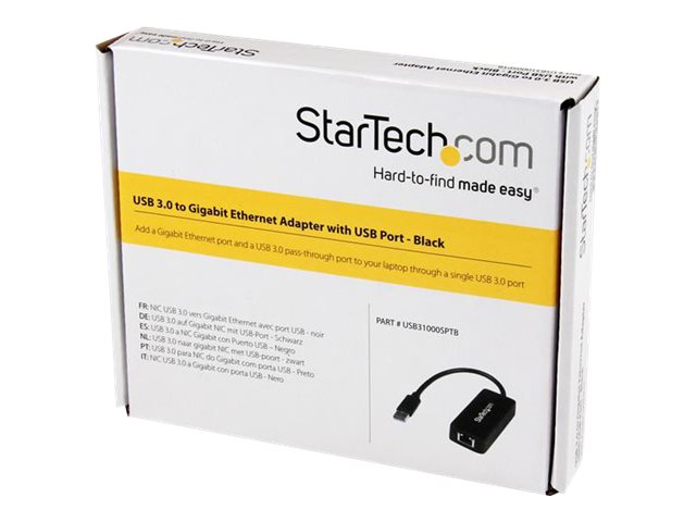 StarTech.com USB 3.0 Ethernet Adapter - USB 3.0 Network Adapter NIC with USB Port - USB to RJ45 - USB Passthrough (USB31000SPTB) - Network adapter - USB 3.0 - Gigabit Ethernet - black - for P/N: TB33A1C