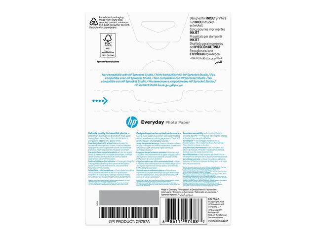 HP Everyday Photo Paper - Glossy - 8 mil - 100 x 150 mm - 200 g/m² - 100 sheet(s) photo paper - for Deskjet 21XX, 2622, 36XX, ENVY 5010, Officejet 52XX, 80XX, Photosmart B110, Wireless B110