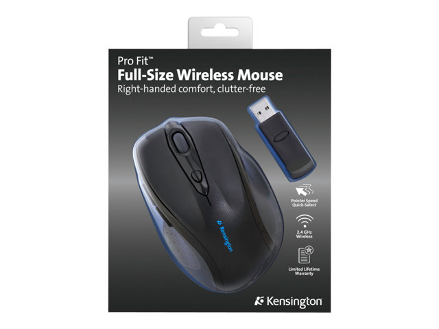 Kensington Pro Fit Full-Size - Mouse - right-handed - optical - 6 buttons - wireless - 2.4 GHz - USB wireless receiver - black