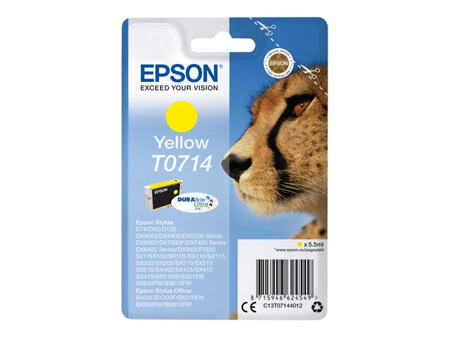 Epson T0714 - 5.5 ml - yellow - original - ink cartridge - for Stylus DX9400, SX115, SX210, SX215, SX218, SX415, SX515, SX610, Stylus Office BX310, BX610