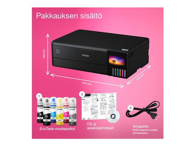 Epson EcoTank ET-8550 - Multifunction printer - colour - ink-jet - refillable - A3 (media) - up to 16 ppm (printing) - USB, LAN, Wi-Fi(ac), USB host - black