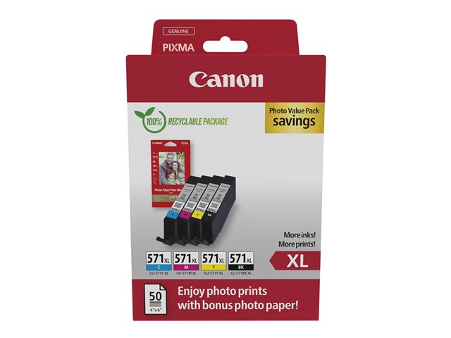 Canon CLI-571 XL C/M/Y/BK Photo Value Pack - 4-pack - 11 ml - High Yield - black, yellow, cyan, magenta - original - hanging box - ink tank / paper kit - for PIXMA TS5051, TS5053, TS5055, TS6050, TS6051, TS6052, TS8051, TS8052, TS9050, TS9055