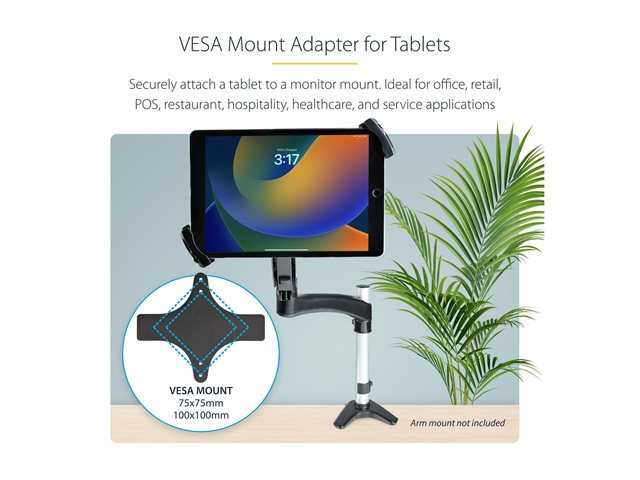 StarTech.com VESA Mount Adapter for Tablets 7.9 to 12.5in - Up to 2kg (4.4lb) - 75x75/100x100 VESA Patterns - Universal Anti-Theft Tablet VESA Mount Clamp - Secure Tablet Mount - Black - Mounting kit (tablet security holder, weighted plate) - for tablet - lockable - steel, plastic - black - screen size: 7.9\" - 12.5\" - arm mountable, stand mountable, VESA bracket mounting - for Apple 11-inch iPad Pro (1st generation, 2nd generation, 3rd generation)