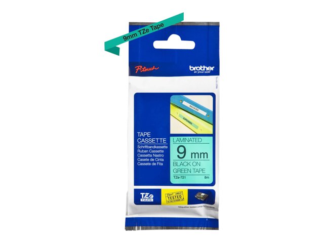 Brother TZe-721 - Black on green - Roll (0.9 cm x 8 m) 1 cassette(s) laminated tape - for Brother PT-D210, D600, H110, H200, P-Touch PT-1005, E310, H107, P-Touch Cube Plus PT-P710