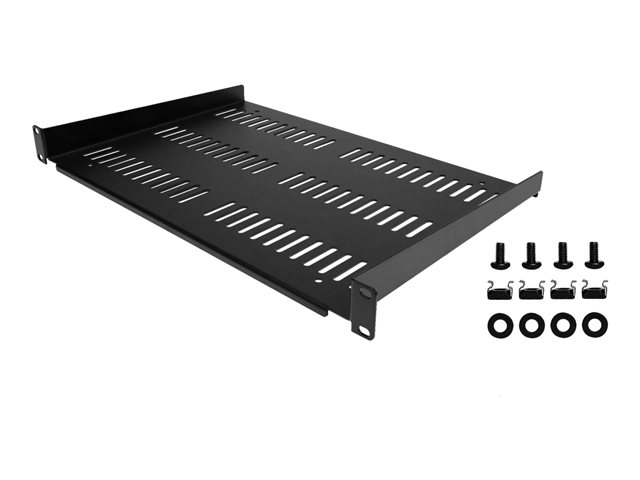 StarTech.com 1U Vented Server Rack Cabinet Shelf, 12in Deep Fixed Cantilever Tray, Rackmount Shelf for 19\" AV/Data/Network Equipment Enclosure w/ Cage Nuts & Screws, 55lbs Weight Capacity - 1U Network Rack Shelf - Rack shelf - black - 1U - 19\"