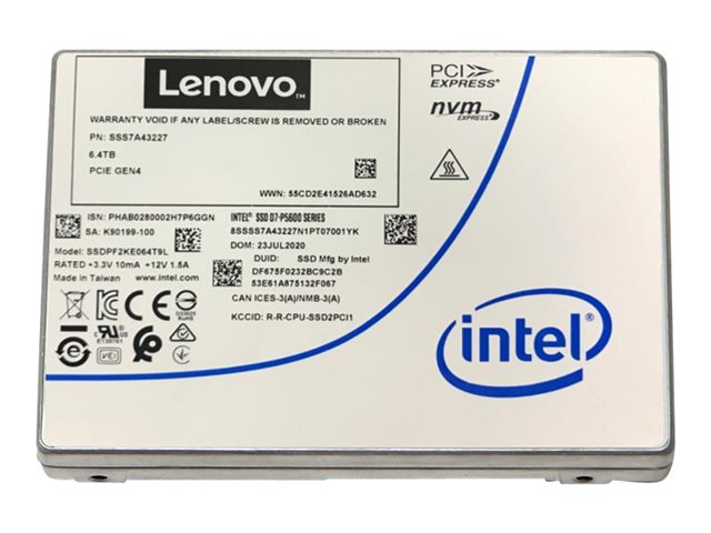 Intel P5620 - SSD - Mixed Use - encrypted - 6.4 TB - hot-swap - 2.5\" - U.2 PCIe 4.0 x4 (NVMe) - Self-Encrypting Drive (SED), TCG Opal Encryption 2.01 - for ThinkSystem SD630 V2, SN550 V2, SR630 V2, SR650 V2, SR670 V2, SR850 V2, SR860 V2, ST650 V2