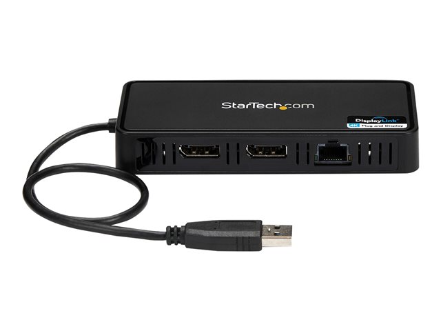 StarTech.com USB 3.0 Mini Dock, Dual Monitor USB-A Docking Station w/ DisplayPort 4K 60Hz Video & Gigabit Ethernet, 1ft (30cm) Cable, Portable USB 3.1 Gen 1 Type-A Laptop Adapter, 4K Dock - DisplayLink Mini Dock (USBA2DPGB) - Docking station - USB - 2 x DP - 1GbE
