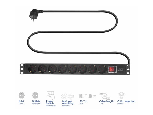PDU CEE7/7-TYPE F (8X) +SWITCH. 1 stk