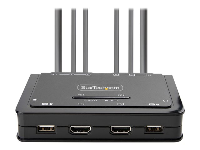 StarTech.com 2-Port Dual-Monitor HDMI Cable KVM Switch, 4K 60Hz, Compact KVM with 5ft/1.5m USB-A/HDMI/Audio Integrated Cables, Bus Powered - Remote Push Button/Hotkey Switching (C2-DH46-UA2-CBL-KVM) - KVM / audio / USB switch - compact - 2 x KVM / audio / USB - 1 local user - desktop