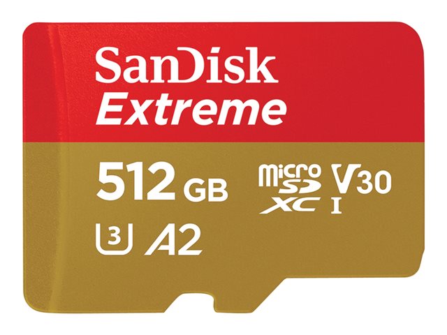 SanDisk Extreme - Flash memory card (microSDXC to SD adapter included) - 512 GB - A2 / Video Class V30 / UHS-I U3 / Class10 - microSDXC UHS-I