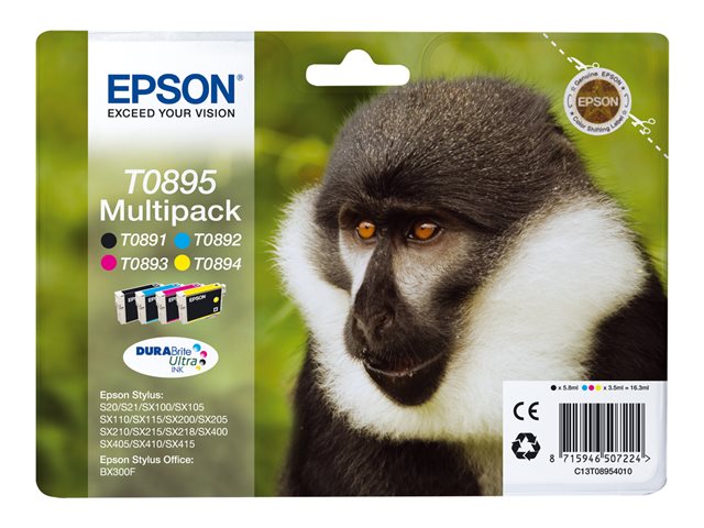 Epson T0895 Multipack - 4-pack - black, yellow, cyan, magenta - original - blister - ink cartridge - for Stylus S21, SX110, SX115, SX210, SX215, SX218, SX400, SX410, SX415, Stylus Office BX300