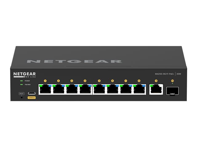 NETGEAR AV Line M4250-9G1F-PoE+ - Switch - L3 - Managed - 8 x 10/100/1000 (8 PoE+) + 1 x 10/100/1000 + 1 x Gigabit SFP - side to side airflow - rack-mountable - PoE+ (110 W)