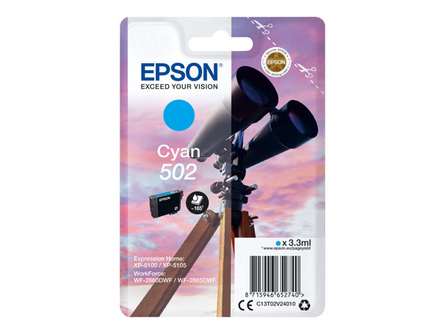 Epson 502 - 3.3 ml - cyan - original - blister - ink cartridge - for Expression Home XP-5100, 5105, 5150, 5155, WorkForce WF-2860, 2865, 2880, 2885