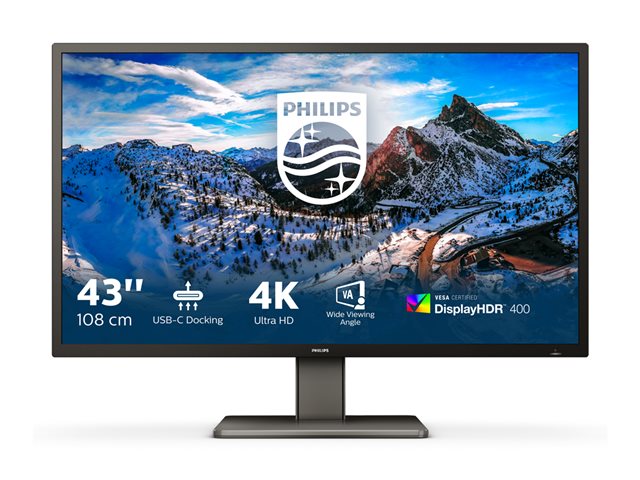 Philips 439P1 - LED monitor - 43\" (43\" viewable) - 3840 x 2160 4K @ 60 Hz - VA - 400 cd/m² - 4000:1 - DisplayHDR 400 - 4 ms - 3xHDMI, DisplayPort, USB-C - speakers - black texture