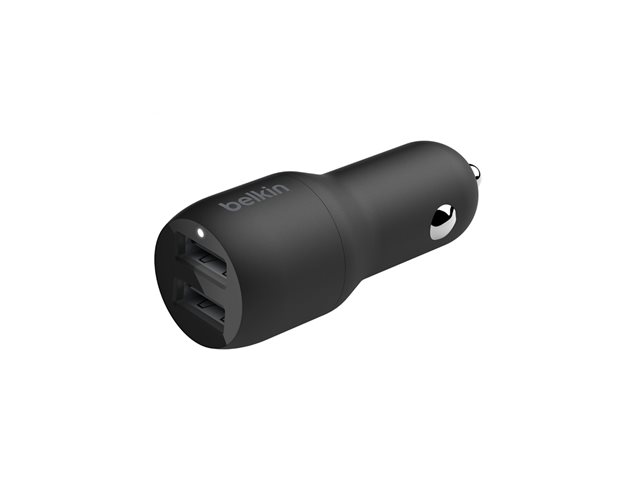 Belkin BoostCharge Dual Charger - Car power adapter - 24 Watt - 4.8 A - 2 output connectors (USB) - on cable: USB-C - black