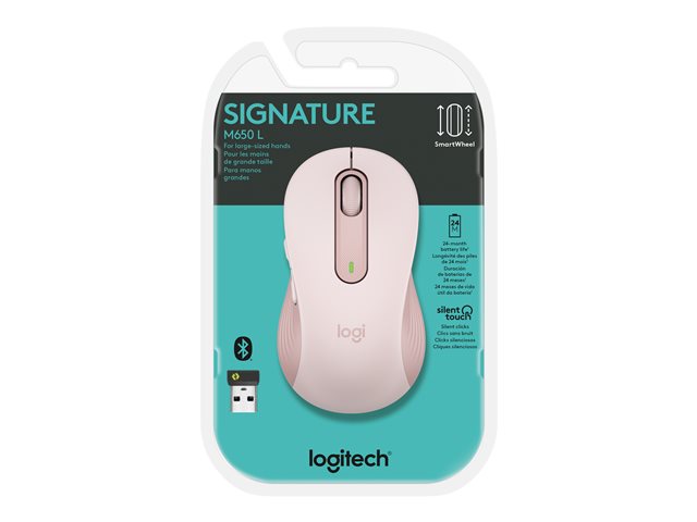 Logitech Signature M650 L - Mouse - large size - optical - 5 buttons - wireless - 2.4 GHz, Bluetooth - Logitech Logi Bolt USB receiver - rose