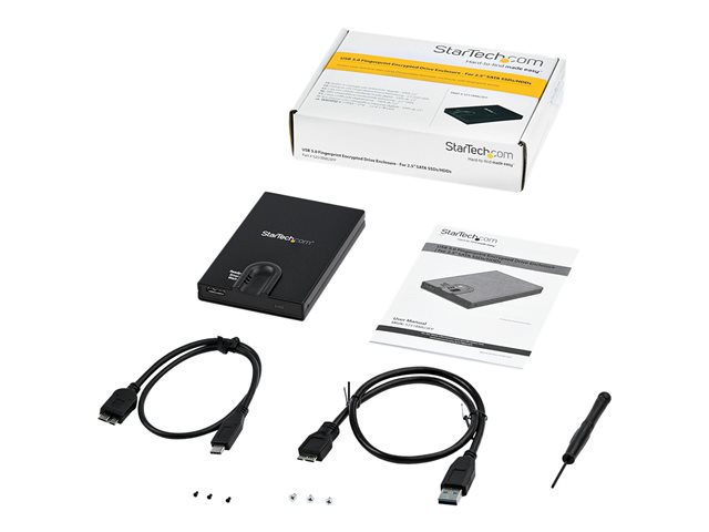 StarTech.com USB 3.0 to 2.5-inch SATA External Hard Drive Enclosure with Secure Biometric Fingerprint/Password Access for 256-bit AES Encrypted USB 3.1 Gen 1 5Gbps SSD/HDD Data Transfer - Portable Vented Aluminum Case - 8 fingerprints and permissions - OS Independent - Storage enclosure - 2.5\" - SATA 6Gb/s - USB 3.0 - black - TAA Compliant