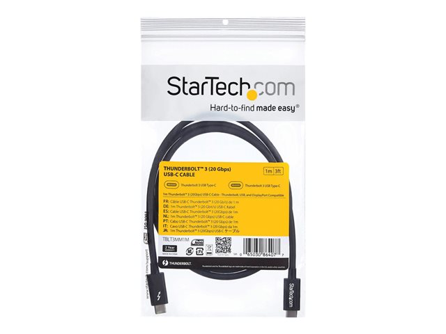 StarTech.com 1m (3.3ft) Thunderbolt 3 Cable, 20Gbps, 100W PD, 4K Video, Thunderbolt-Certified, Compatible w/ TB4/USB 3.2/DisplayPort - Thunderbolt cable - 24 pin USB-C (M) to 24 pin USB-C (M) - Thunderbolt 3 / USB / DisplayPort - 1 m - black - for P/N: CDP2HDUACP, CDP2HDUACPW, PEXUSB321C