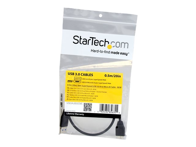 StarTech.com 0.5m 20in Slim USB 3.0 A to Micro B Cable M/M - Mobile Charge Sync USB 3.0 Micro B Cable for Smartphones and Tablets (USB3AUB50CMS) - USB cable - Micro-USB Type B (M) to USB Type A (M) - USB 3.0 - 50 cm - molded - black - for P/N: S2510BU33PW, S251BMU3FP, S251BRU33, SLSODDU33B, SM2NGFFMBU33, UNI251BMU33