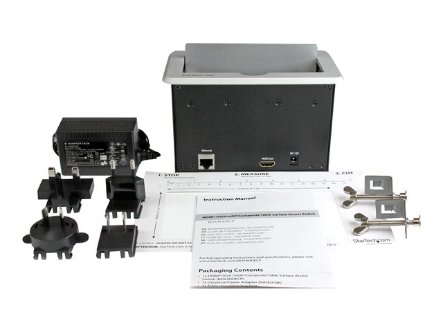 StarTech.com Conference Table Connectivity Pop up Box with AV and Data Ports - HDMI, VGA, Component, MDP to HDMI Output (BOX4HDECP) - Mounting plate - HD-15, RCA X 2, RJ-45, mini-phone stereo 3.5 mm, RCA, HDMI, USB Type A, mini-DisplayPort