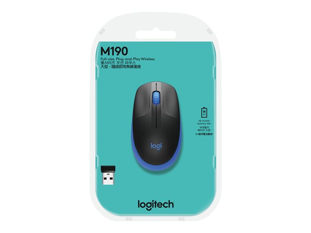 Logitech M190 - Mouse - optical - 3 buttons - wireless - USB wireless receiver - blue