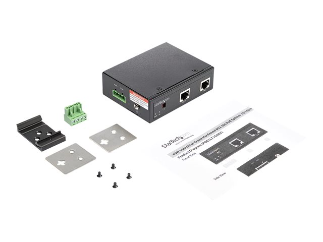 StarTech.com Industrial Gigabit PoE Splitter, 90W High Speed Power over Ethernet PoE+++ Splitter, 12-48V DC Splitter 802.3bt, LAN/RJ45 Ultra PoE to DC Adapter, -40C to +75C, High Power - Gigabit PoE Splitter (POESLT1G48V) - PoE splitter (DIN rail mountable) - 90 Watt - output connectors: 2