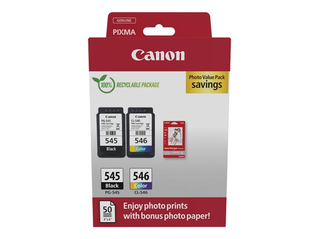 Canon PG-545 / CL-546 Value Pack - 2-pack - 8 ml - black, colour (cyan, magenta, yellow) - original - hanging box - ink cartridge / paper kit - for PIXMA iP2850, MG2450, MG2550, TR4550, TR4551