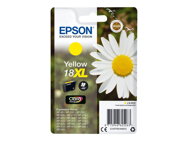 Epson 18XL - 6.6 ml - XL - yellow - original - blister with RF alarm - ink cartridge - for Expression Home XP-212, 215, 225, 312, 315, 322, 325, 412, 415, 422, 425