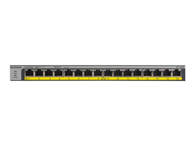 NETGEAR GS116LP - Switch - 16 x 10/100/1000 (PoE+) - desktop, rack-mountable, wall-mountable - PoE+ (76 W) - DC power