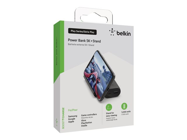 Belkin BoostCharge - Play Series - power bank - 5000 mAh - 12 Watt - 2 output connectors (USB, 24 pin USB-C) - on cable: USB-C - black