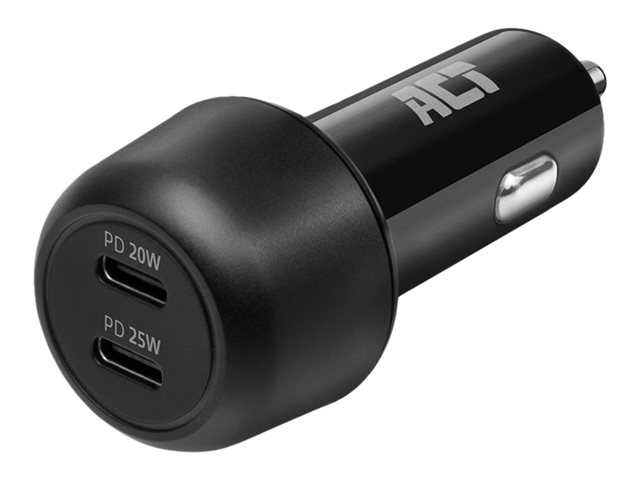 ACT - Stroomadapter voor auto - 45 Watt - 3 A - PD 3.0 - 2 uitgangsaansluitingen (24 pin USB-C) - op kabel: USB-C - zwart